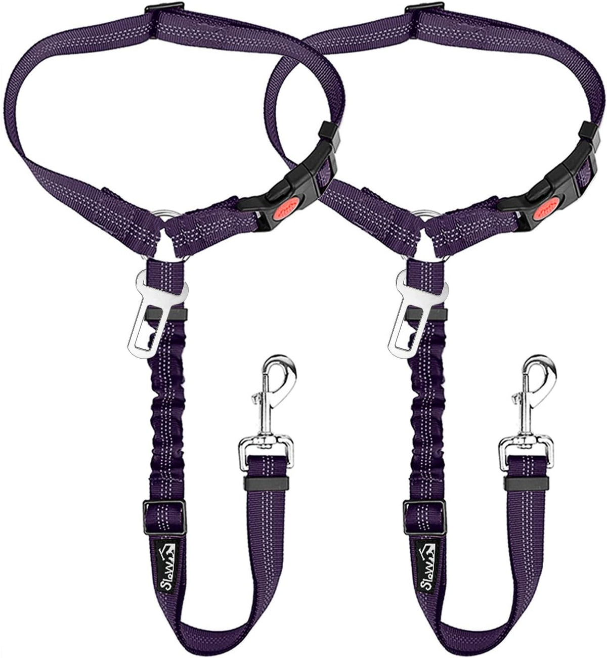 SlowTon Dog Seat Belt for Car, 2 Pack Dog Car Harness Seatbelt Adjustable with Elastic Bungee Buffer, 2 in 1 Pet Car Leash Headrest Restraint Dog Reflective Safety Tether (Purple, Headrest+Clip)