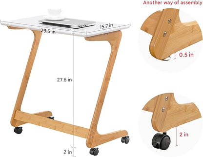 Nnewvante TV Tray Table with Wheels Sofa Side Table with Casters Couch Laptop Desk End Table Snack Tray for Living Room Bedroom Small Spaces White Bamboo Large 29.5'' x 15.8''
