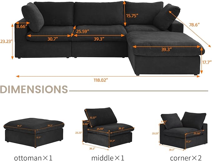 Cloud Modular Sectional Sofa with Storage Ottoman,120.45" L Shaped Couch for Living Room,Down Filled Convertible Couch Deep Seat for Office Apartment,Covers Washable&Replaceable (Black)