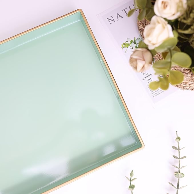 Spsyrine Green Decorative Serving Tray with Handles, Elegant Plastic Coffee Table Tray for Ottoman, Living Room, Home Decor 15.6" X 10.2"