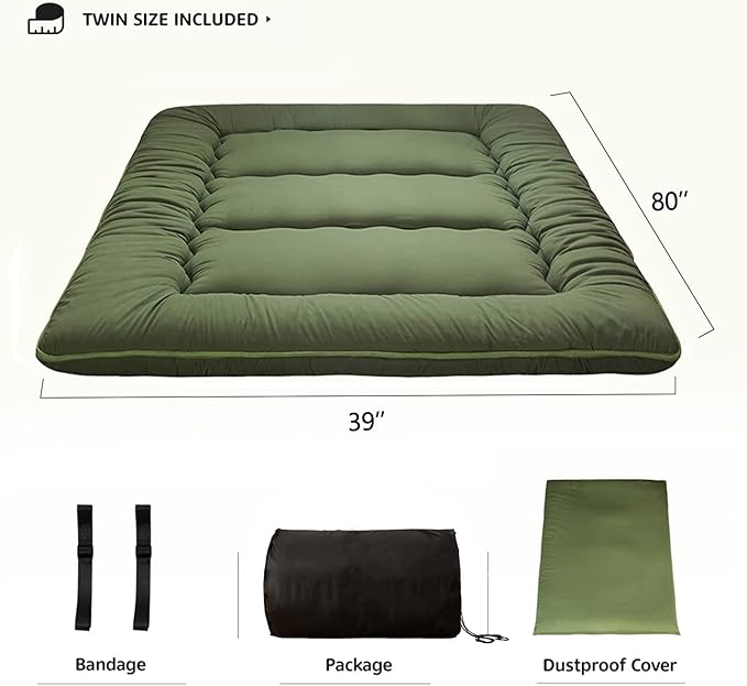 MAXYOYO Japanese Futon Mattress Twin Size Floor Mattress, Thicken Tatami Mat Sleeping Pad Roll Up Mattress Floor Bed Folding Couch Bed Mattress Pad for Guest Room, Green, Twin