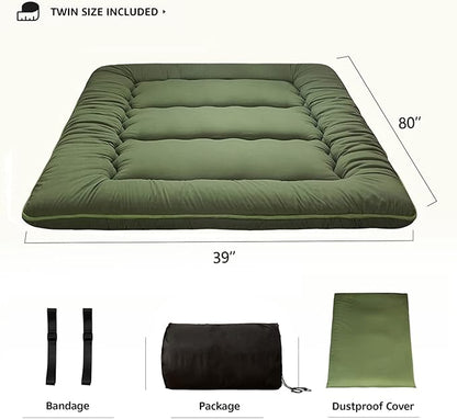 MAXYOYO Japanese Futon Mattress Twin Size Floor Mattress, Thicken Tatami Mat Sleeping Pad Roll Up Mattress Floor Bed Folding Couch Bed Mattress Pad for Guest Room, Green, Twin