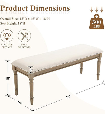 DM Furniture 46'' French Country Entryway Bench Wooden Linen Fabric Upholstered Seat Dinng Bench with Nailhead Trim for Hallway End of Bed, Beige