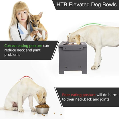 HTB Elevated Dog Bowl Stand with 2 Stainless Steel Bowls-10 H Large Grey | Raised Dog Bowl Stand, 10"tall, 48 Oz Bowls, for Large Sized Dogs, Pet-safe, Solid Bamboo