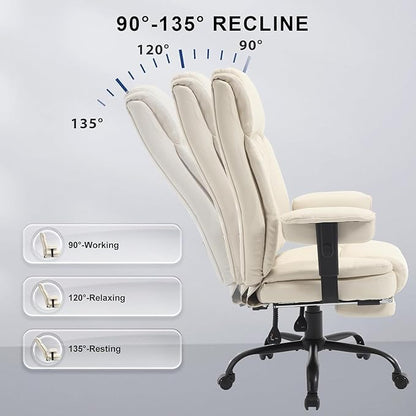 Reclining Office Chair with Footrest, 400Lb Big and Tall Office Chairs High Back Executive Computer Gaming Chairs with Wide Seat Pu Leather Recliner Home Desk Chairs for Adult,Beige