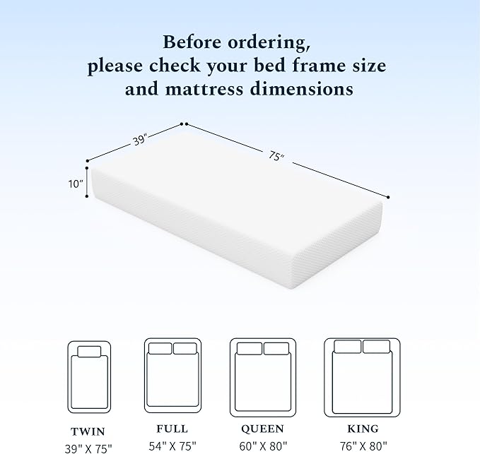 Twin Mattress, 10 Inch Memory Foam Mattress in a Box, Fiberglass Free Twin Size Mattresses for Pressure & Pain Relief, Soft and Comfortable