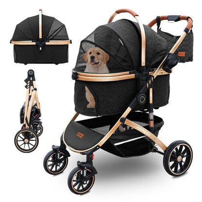 Pettingzoo Dog stroller with 4 Wheels, Folding Cat Stroller for Small/Medium/Large dogs & cats to 60 lbs, pet stroller with removable carrier, Storage Basket,Cup Holder,3 in1 Multifunctiona Detachable