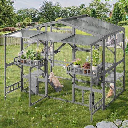 Large Outdoor Catio for 6-10 Cats, Pine Wood Cat Cage Outdoor with Weatherproof Roof, 6 Platforms, Climbing Ramp, 1 Resting Box and Cat Scratching Post, Outdoor Cat House with Storage Shelves, Grey