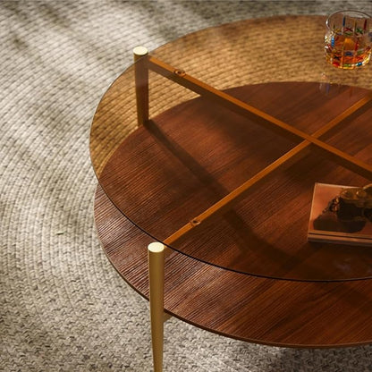 Saint Mossi Glass Round Coffee Table for Living Room, Middle-Century Modern Style, Coffee Brown Glass Top & Walnut Brown MDF Wood Top, with Gold Finish Legs & Frame