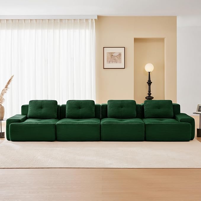 150.4'' Sectional Sofa, 32D Foam Corduroy Boneless Couch with Pillow, Deep Seat Wide Arm Sectional Couch for Apartment, Living Room, Bedroom