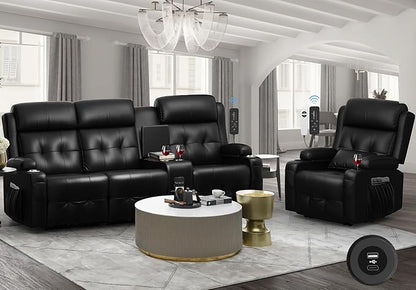 Aotolo Recliner Sofa, 3 Seater Massage Reclining Loveseat Sofa Sets, 1 Single Power Recliner Chairs Heat & Massage, Heavy Weight Capacity, RV Clearance Love Seat Couch with Console, USB, Type C Port