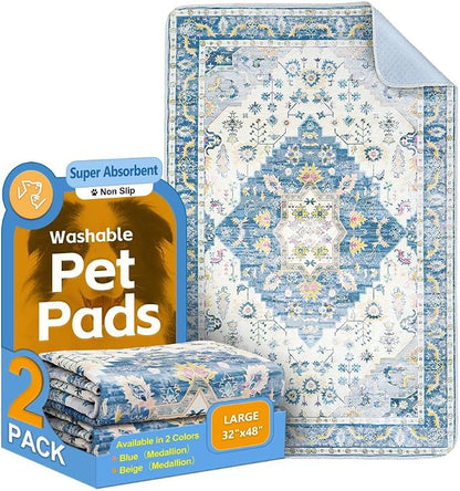 Washable Pee Pads for Dogs, 2 Pack Reusable Puppy Training Pads 48"x32" Super Absorbent Waterproof Dog Training Pads, Non-Slip Potty Pads, Whelping Pads Litter Mat Blue Medallion