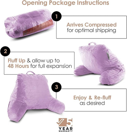 Nestl Reading Pillow with Shredded Memory Foam, Designed for Sitting Up in Bed and Couch, Back and Arms Adjustable Support for Adult & Teens Backrest Pillows for Reading, with Washable Cover Lavender