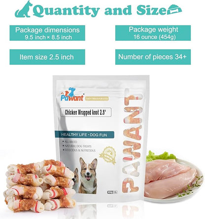 Dog Treats Chicken Wrapped Rawhide Bones for Small Dog Treats Puppy Chews Snacks Promotes Healthy Chewing Chicken Wrapped Knot 2.5" 1lb