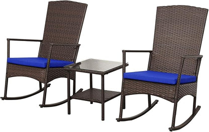 Outdoor PE Wicker Rocking Chair 3-Piece Patio Rattan Bistro Set 2 Rocker Armchair and Glass Coffee Side Table Furniture Washable Lacing Cushions, Blue