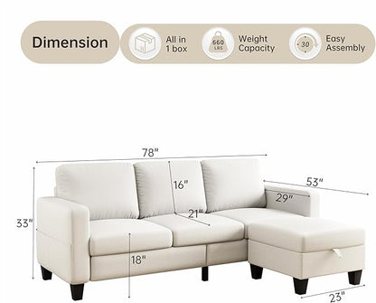 Sectional Sofa Couches for Living Room, 78'' Beige 3 Seater L-Shaped Couch with Storage Ottoman, Comfy Fabric Convertible Sectionals Sofas with Chaise for Apartment, Office, Small Space