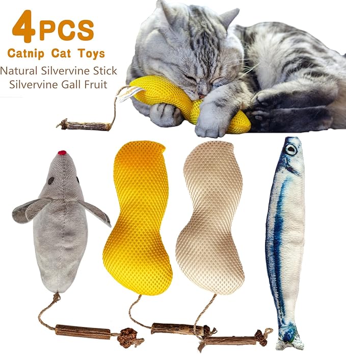 4Pcs Catnip Toys, Cat Toys for Indoor Cats, Interactive Cat Toy with Catnip, Chew Toy, Pillow for Kittens Kitty