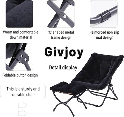 Givjoy Comfy Folded Chair with Ottoman, Oversized Folding Faux Fur Chair Soft Furry Lounge Lazy Chair with Metal Frame Moon Chair Accent Chair for Bedroom, Living Room, Dorm Rooms