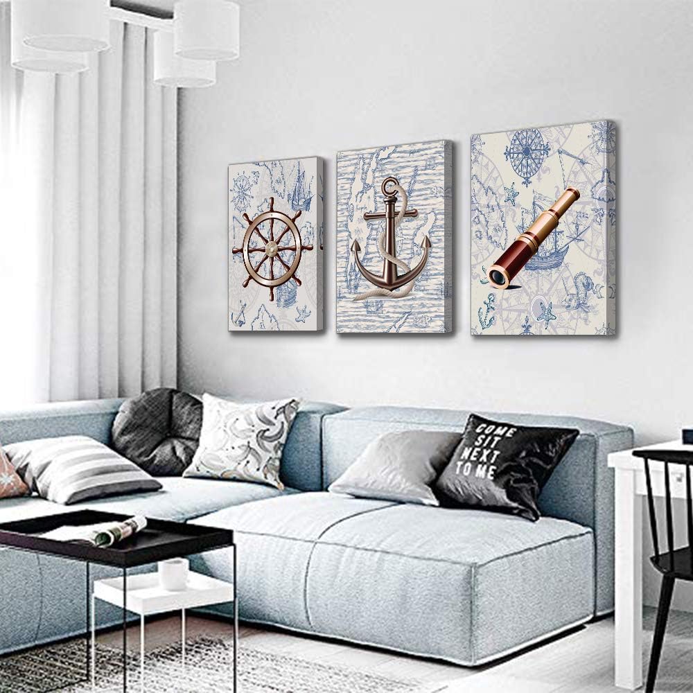 ocean theme steering wheel telescope ship pendant Canvas Prints bathroom Wall Art for Bedroom Wall decor Artworks Pictures wall decorations for living room,3 piece Home decor kitchen wall paintings