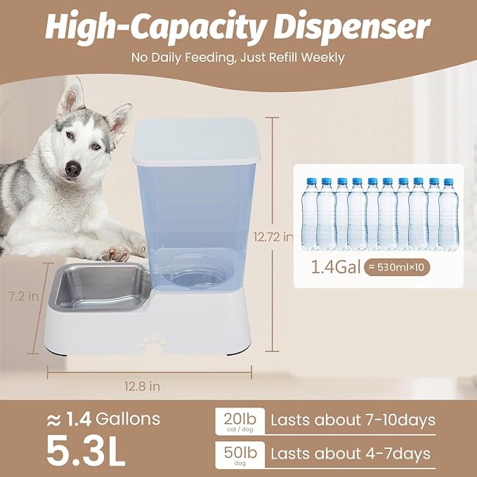 Automatic 5.4L/1.4Gal Pet Waterer, Pet Automatic Dog Water Dispenser Gravity Stainless Steel Water Feeder, Large Capacity Feeding Bowls for Cats and Medium & Large-Sized Dogs (White, Water)