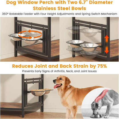Dog Window Perch with 360° & Adjustable Raised Feeder, Pet Bunk Bed with Removable Stair and 2 Drawers, Elevated Platform Bed, Pet Elevated Seat with Cushion, Paw-Friendly Ladder