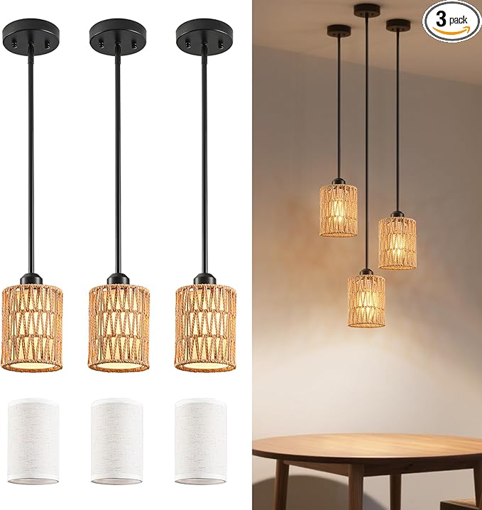 Pendant Light Boho Hanging Lamp - Rattan & Linen 2-in-1 Shade, Adjustable Hanging Lights Fixture for Kitchen Island, Dining Room, Farmhouse, Bedroom (3 Pack)