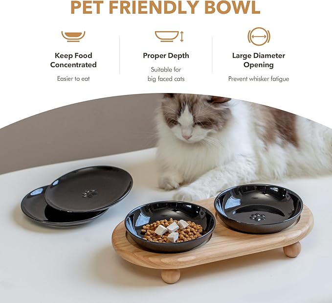 Raised Ceramic Cat Dishes, Food& Water Bowl with 2 Style Stand Adjustable Raised Pet Bowl Set, Anti Whisker Fatigue(2Dish+2Shallow Dish+Stand, Black