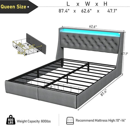 SADENICEL Queen Bed Frame with Storage Headboard and 2 Drawer, Metal Queen Size Bed Frame Platform with LED Light, Charging Station, No Box Spring Needed, Noise Free, Easy Assembly, Grey