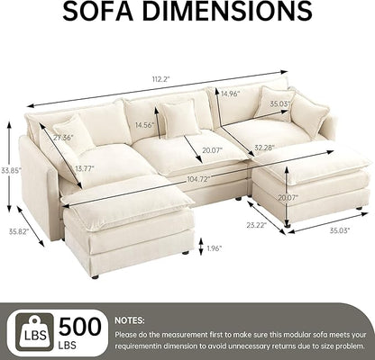 saows Modular Sectional Sofa, 112.2 Inch U Shaped Couch Set with Armrests, 3-Seater Comfy Cloud Couches with Movable Ottoman for Living Room Apartment, Beige