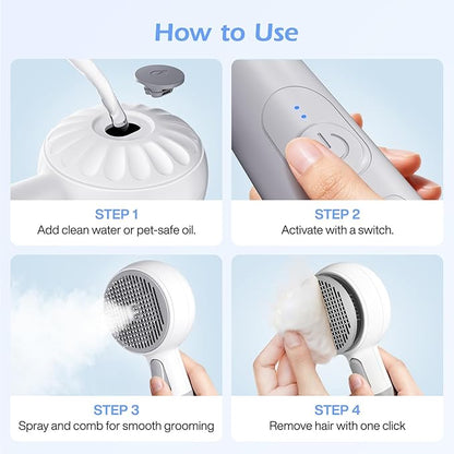 Pet Steam Brush, 3-in-1 Spray Grooming Brush USB Rechargeable, IPX7 Waterproof Deshedding Comb with Self-Cleaning & 2 Speeds for Cats and Dogs with Long Short Hair Cat Brush