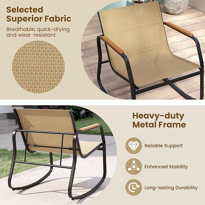 Tangkula 3 Piece Rocking Bistro Set Outdoor, Patio Rocking Chairs & Side Table with Storage Basket, Wood-Like Armrests & Metal Frame, Patio Furniture Set for Porch, Backyard, Lawn & Poolside