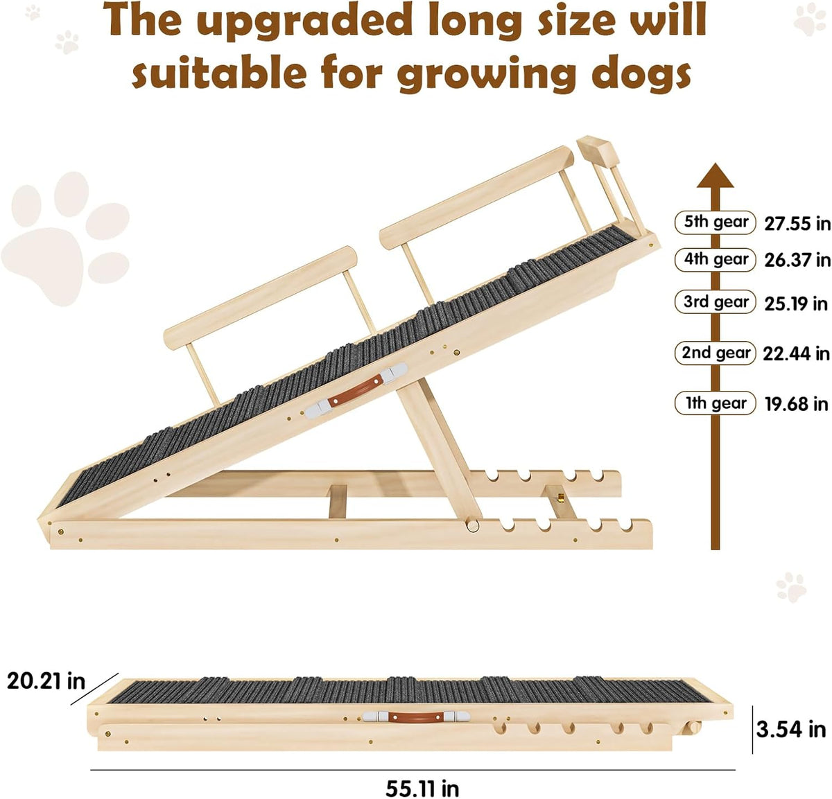 Dog Ramp for Couch, Bed or Car, Wooden 55" Long Pet Stairs for Small & Large Old Dogs & Cats, Hold up to 250lb, 6 Adjustable Height from 19.68" to 27.55" Portable Doggie Steps, Excellent Traction