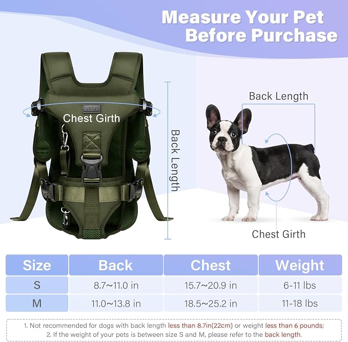 YUDODO Front Pet Carrier Backpack for Small Dog, Legs Out Dog Chest Carrier | Safety Belt, Ergonomic Support, Hands Free, Durable & Comfortable, For Walking Hiking Cycling, Army Green, S