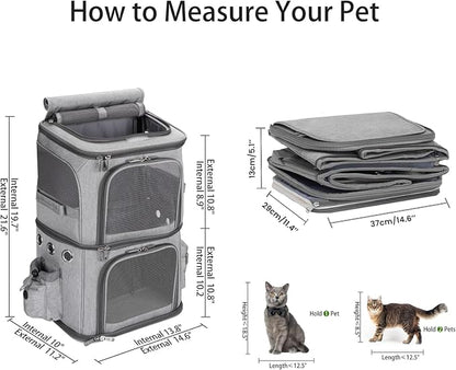 HOVONO Double-Compartment Cat Backpack Carrier for 2 Pets up to 18 lbs | 2-in-1 Pet Backpack Carrier for Small Cats & Dogs, Perfect for Traveling/Hiking /Camping/Vet Grey