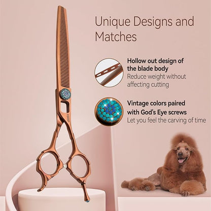 Thinning Shears for Dogs 52 Teeth 7'' Professional Blending Thinner Scissors for Small Dog Pet Sharp and Durable For Right Handed Groomers(7,Chocolate Thinner)