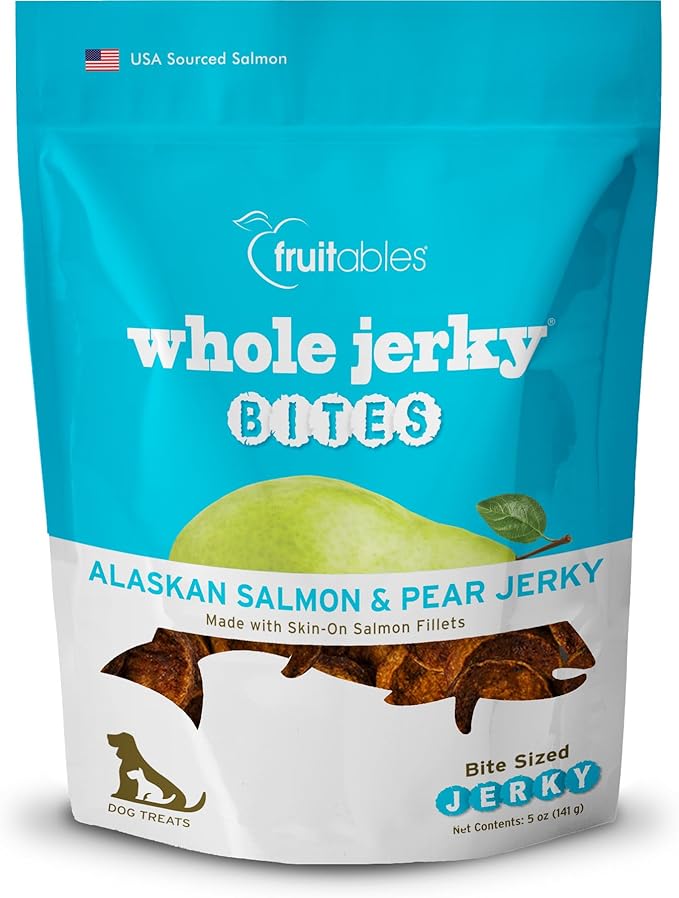 Fruitables Whole Jerky Bites, Healthy Dog Treats, Puppy Essentials, Jerky Dog Treats, Made in the USA, No Artificial Ingredients, Alaskan Salmon & Pear Flavor, 5oz