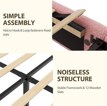 Queen Bed Frame, Teddy Velvet Boucle Bed Frame with 43.3"/45.3" Adjustable Upholstered Headboard, Rounded Corners, Mattress Foundation, No Box Spring Required, Pink