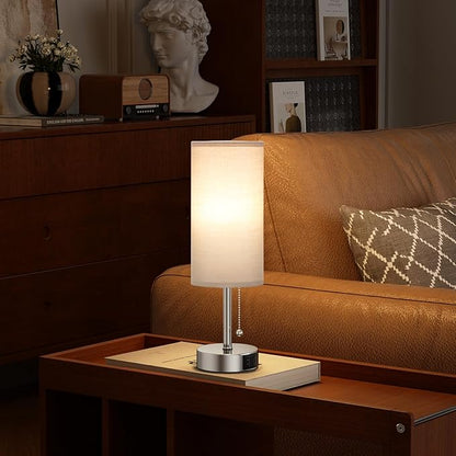 Silver Bedside Lamps for Bedroom Set of 2 - Nightstand Table Lamp with USB A + C Charging Port, 3 Color Temperatures Pull Chain Night Stand Light, Side Table Desk Reading Lamp for Living Room/Dorm
