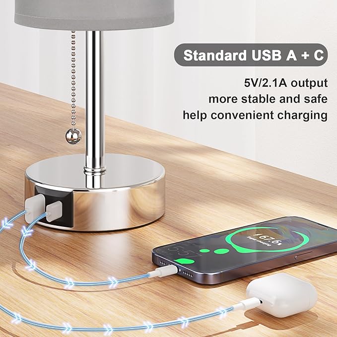 Silver Bedside Lamps for Bedroom Set of 2 - Nightstand Table Lamp with USB A + C Charging Port, 3 Color Temperatures Pull Chain Night Stand Light, Side Table Desk Reading Lamp for Living Room/Dorm