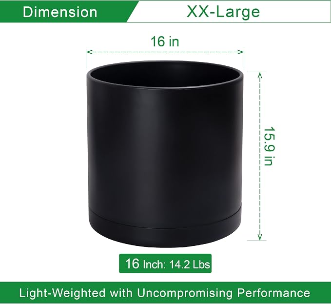 D'vine Dev 16 Inch Black Plastic Planter Pots for Plant Pot with Drainage Hole and Seamless Saucers, 74-X-B-5