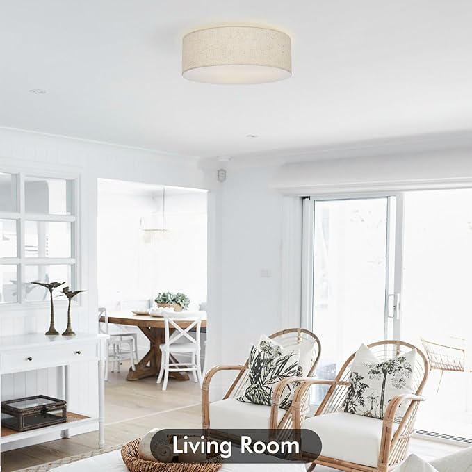 Flush Mount Ceiling Light,16''Modern Close to Ceiling Lamp with Double Linen Fabric Shade,3 Light Semi Flush Mount Ceiling Light Fixture,Farmhouse Drum Light Fixture for Bedroom Living Room