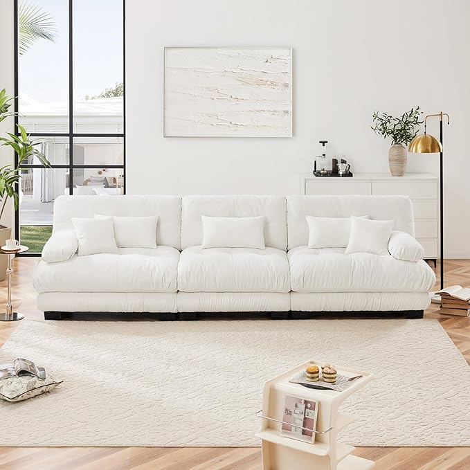 133.8" Oversized White Chenille Cloud Couch, 3 Seater Modular Sectional Sofa, Deep Seat Fluffy Couch Set with 5 Pillows
