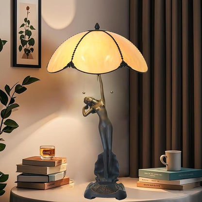 TL0033 Tiffany Style Table Lamp Stained Glass Umbrella Shade with Lady Sculpture Base W 15.75 X OH 27 Inches, Art Nouveau Lamp for Home Office, LED Bulbs Included