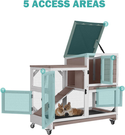 Rabbit Hutch Indoor for 2-4 Rabbits & Guinea Pigs，Bunny Cage with Slide-Out Plastic Trays，Wooden Small Animal Cage for Rabbits, Bunnies, and Guinea Pigs