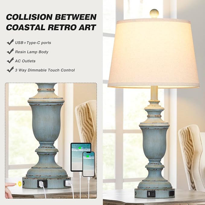 25.6" Coastal Table Lamps Set of 2 with USB C+A Ports & AC Outlet for Rustic Living Room Retro Bedroom,3-Way Dimmable Touch Lamp Bedside Lamps for Nightstand Side End Table,Retro Blue