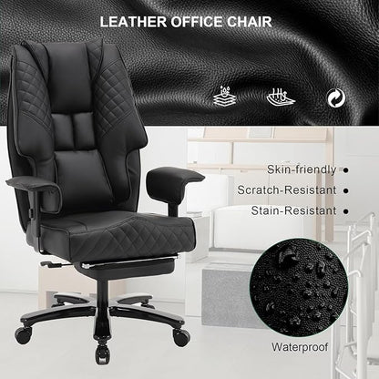 500lb Big and Tall Office Chair, Reclining Office Chairs with Footrest, High Back Leather Executive Computer Chair with Wheels Recliner Home Desk Chairs with Lumbar Support for Heavy People,Black