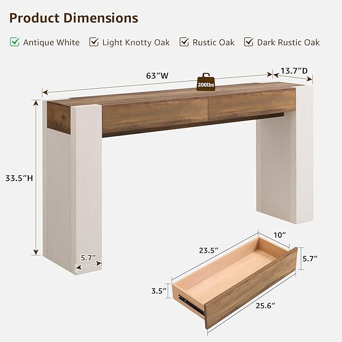 OKD Modern Entryway Console Table, Sofa Table with Drawers, 63" Long Hall Table Behind Couch, Thick Wood Design for Living Room, Hallway - Antique White