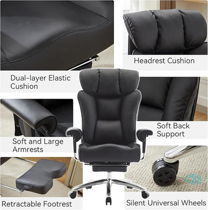 Efomao Big and Tall Office Chair 450lbs, 5.9" Thick Pocket Spring Executive Chair with Footrest, High Back PU Leather Ergonomic Desk Chair, Wide Computer Chair, Black