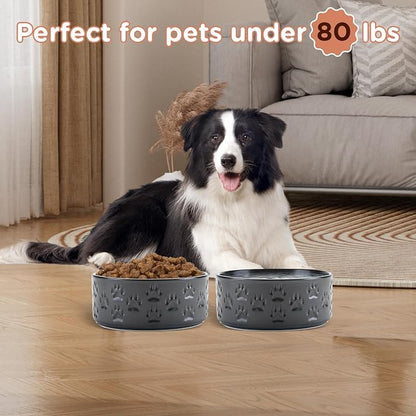 SPUNKYJUNKY Ceramic Dog Bowls 2 Pack, 7.3'' Dog Food Water Double Feeding Bowls Non-Slip for Medium to Large Sized Breed Microwave Dishwasher Safe - 42 OZ, 2pcs, Paw Black