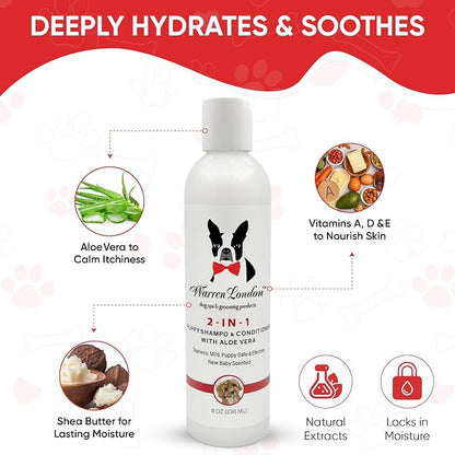 Warren London Puppy Gift Box - Complete Puppy Care Set - Includes Hydrating Butter, 2-in-1 Shampoo, Cologne, Grooming Bath Brush, Ear Cleaner and Nail File for New Pet Owners